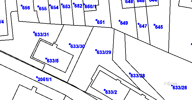 Parcela st. 633/29 v KÚ Košíře, Katastrální mapa