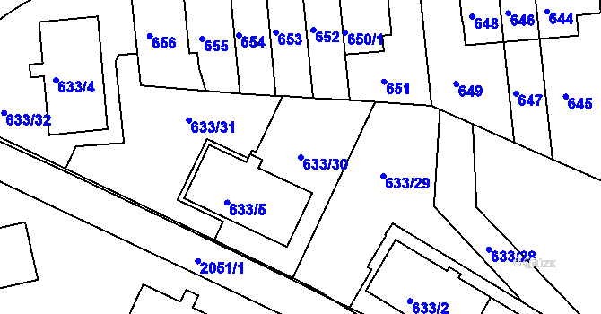 Parcela st. 633/30 v KÚ Košíře, Katastrální mapa