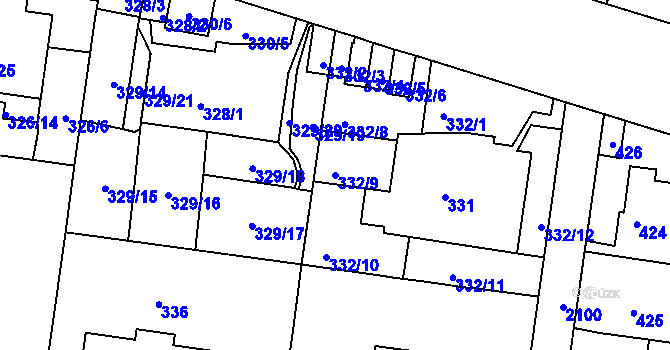 Parcela st. 332/9 v KÚ Košíře, Katastrální mapa