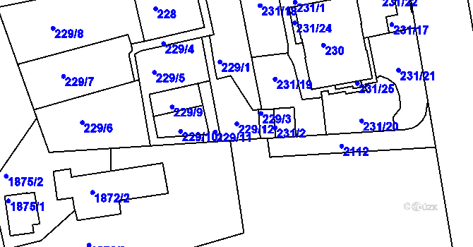 Parcela st. 229/12 v KÚ Košíře, Katastrální mapa