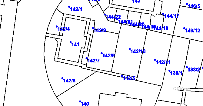Parcela st. 142/9 v KÚ Košíře, Katastrální mapa