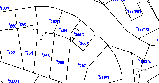 Parcela st. 266/1 v KÚ Hlubočepy, Katastrální mapa