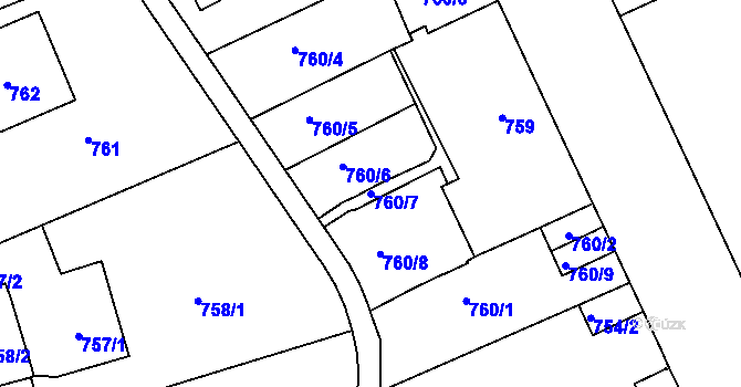 Parcela st. 760/7 v KÚ Smíchov, Katastrální mapa