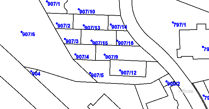 Parcela st. 907/9 v KÚ Smíchov, Katastrální mapa