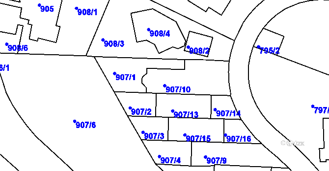 Parcela st. 907/10 v KÚ Smíchov, Katastrální mapa