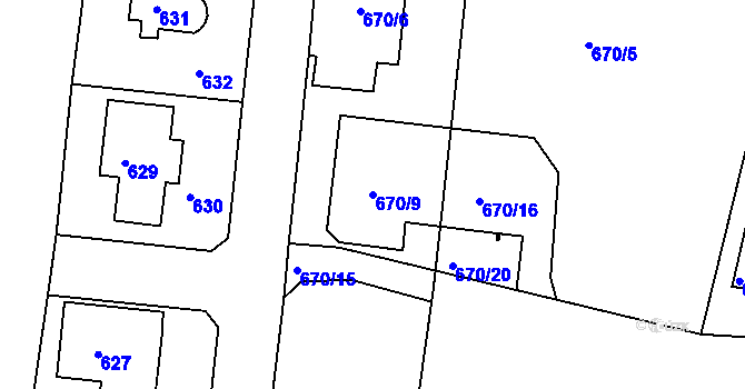 Parcela st. 670/9 v KÚ Velká Chuchle, Katastrální mapa