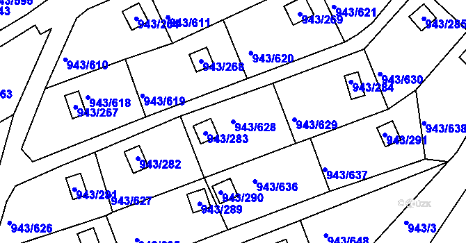 Parcela st. 943/628 v KÚ Velká Chuchle, Katastrální mapa