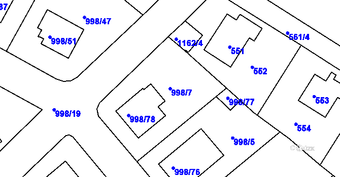 Parcela st. 998/7 v KÚ Velká Chuchle, Katastrální mapa