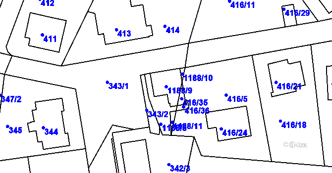 Parcela st. 1188/9 v KÚ Velká Chuchle, Katastrální mapa
