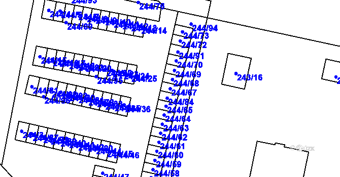 Parcela st. 244/67 v KÚ Dejvice, Katastrální mapa