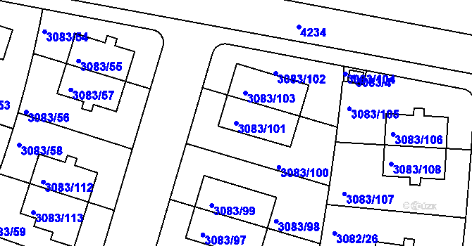 Parcela st. 3083/101 v KÚ Dejvice, Katastrální mapa