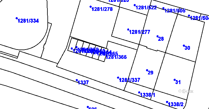 Parcela st. 1281/366 v KÚ Vokovice, Katastrální mapa