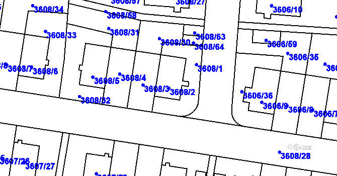 Parcela st. 3608/2 v KÚ Břevnov, Katastrální mapa