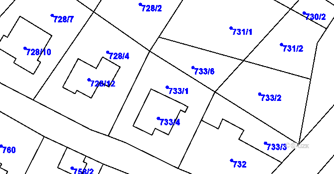 Parcela st. 733/1 v KÚ Ruzyně, Katastrální mapa