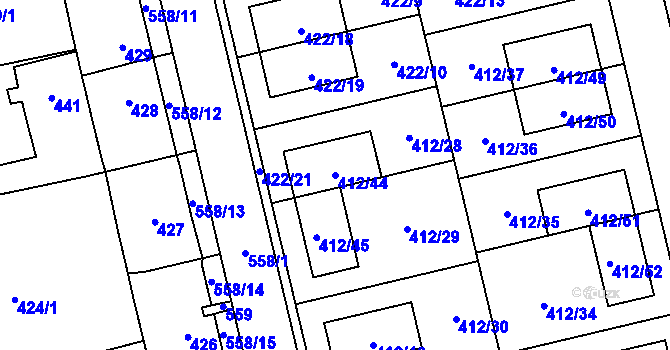 Parcela st. 412/44 v KÚ Lysolaje, Katastrální mapa
