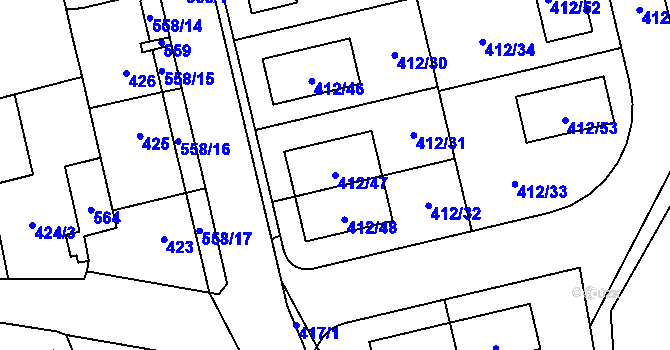 Parcela st. 412/47 v KÚ Lysolaje, Katastrální mapa