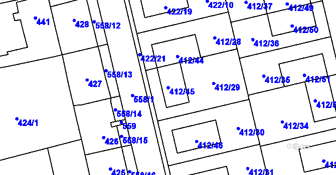 Parcela st. 412/45 v KÚ Lysolaje, Katastrální mapa