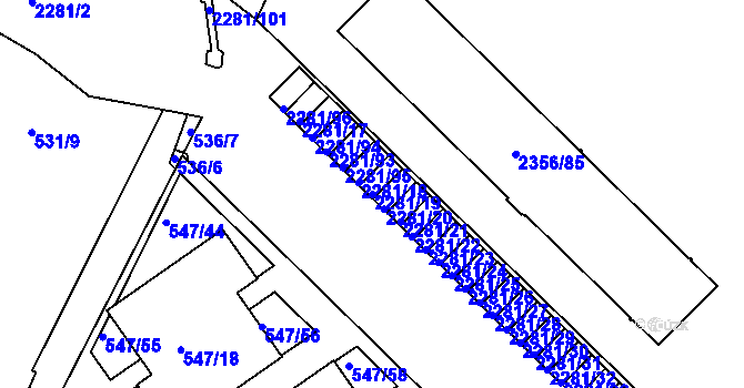Parcela st. 2281/19 v KÚ Holešovice, Katastrální mapa