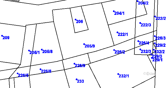 Parcela st. 205/9 v KÚ Holešovice, Katastrální mapa