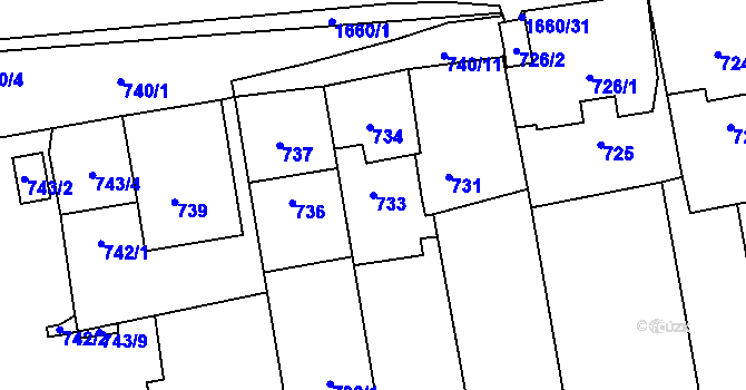 Parcela st. 733 v KÚ Troja, Katastrální mapa