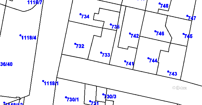 Parcela st. 733 v KÚ Čimice, Katastrální mapa