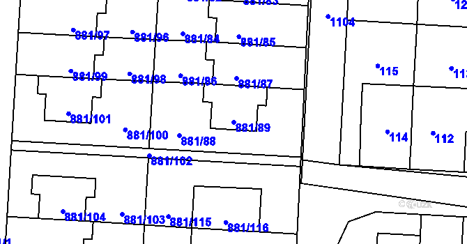 Parcela st. 881/89 v KÚ Čimice, Katastrální mapa