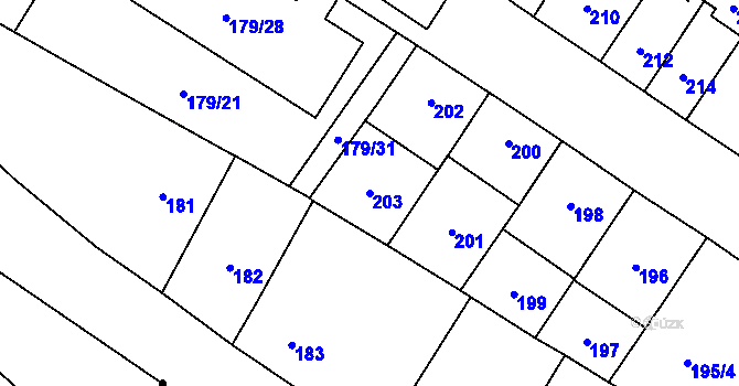 Parcela st. 203 v KÚ Kobylisy, Katastrální mapa