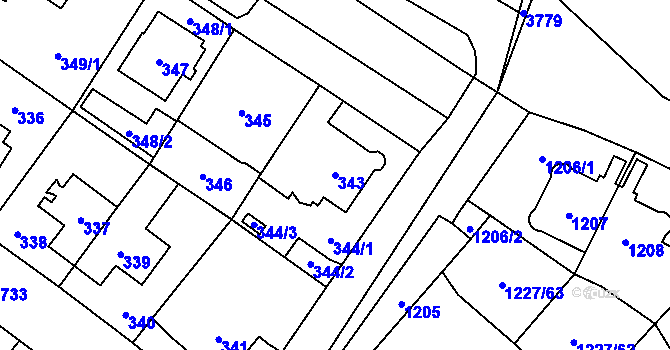 Parcela st. 343 v KÚ Kobylisy, Katastrální mapa