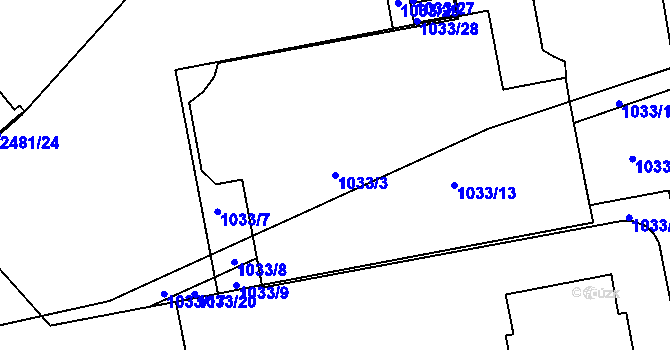 Parcela st. 1033/3 v KÚ Kobylisy, Katastrální mapa