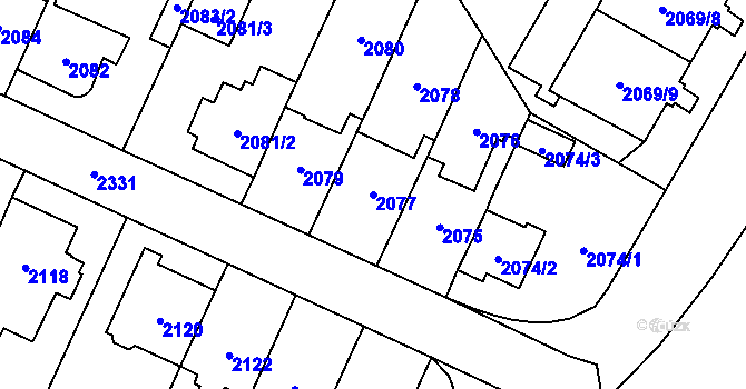 Parcela st. 2077 v KÚ Kobylisy, Katastrální mapa