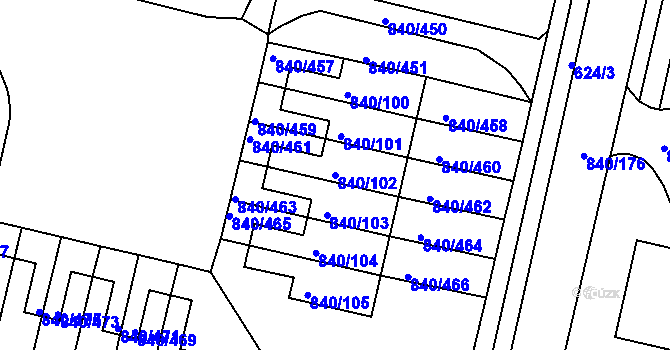 Parcela st. 840/102 v KÚ Bohnice, Katastrální mapa