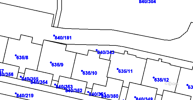 Parcela st. 840/343 v KÚ Bohnice, Katastrální mapa