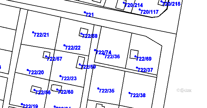 Parcela st. 722/36 v KÚ Bohnice, Katastrální mapa