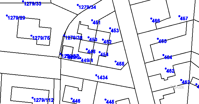 Parcela st. 454 v KÚ Dolní Chabry, Katastrální mapa