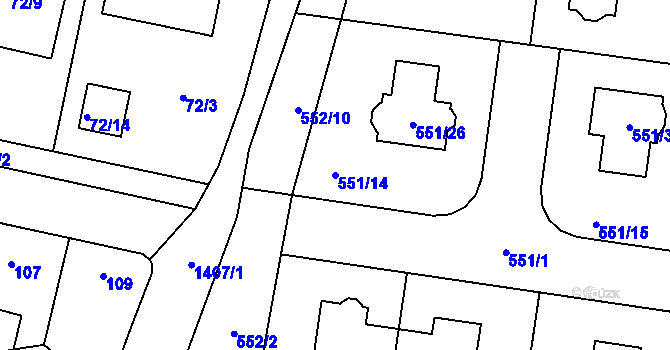Parcela st. 551/14 v KÚ Dolní Chabry, Katastrální mapa