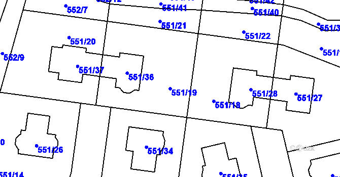 Parcela st. 551/19 v KÚ Dolní Chabry, Katastrální mapa