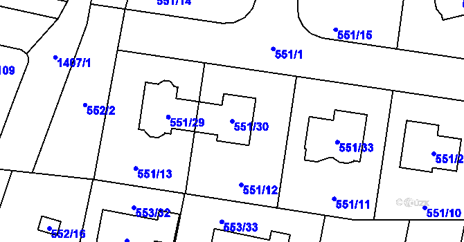 Parcela st. 551/30 v KÚ Dolní Chabry, Katastrální mapa