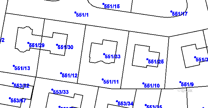 Parcela st. 551/33 v KÚ Dolní Chabry, Katastrální mapa