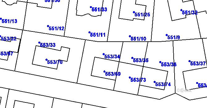 Parcela st. 553/34 v KÚ Dolní Chabry, Katastrální mapa