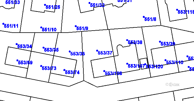 Parcela st. 553/37 v KÚ Dolní Chabry, Katastrální mapa