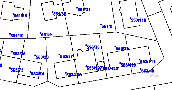 Parcela st. 553/38 v KÚ Dolní Chabry, Katastrální mapa