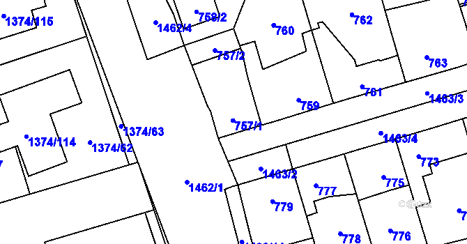 Parcela st. 757 v KÚ Dolní Chabry, Katastrální mapa