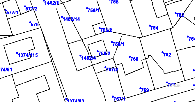 Parcela st. 758/2 v KÚ Dolní Chabry, Katastrální mapa