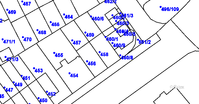 Parcela st. 458 v KÚ Střížkov, Katastrální mapa
