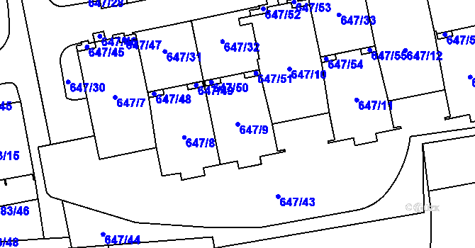 Parcela st. 647/9 v KÚ Libeň, Katastrální mapa