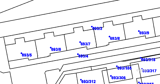 Parcela st. 693/7 v KÚ Karlín, Katastrální mapa
