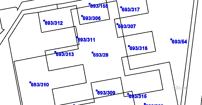 Parcela st. 693/28 v KÚ Karlín, Katastrální mapa