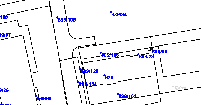 Parcela st. 889/106 v KÚ Karlín, Katastrální mapa