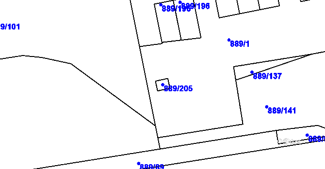 Parcela st. 889/205 v KÚ Karlín, Katastrální mapa