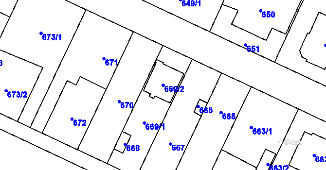 Parcela st. 669/2 v KÚ Kyje, Katastrální mapa